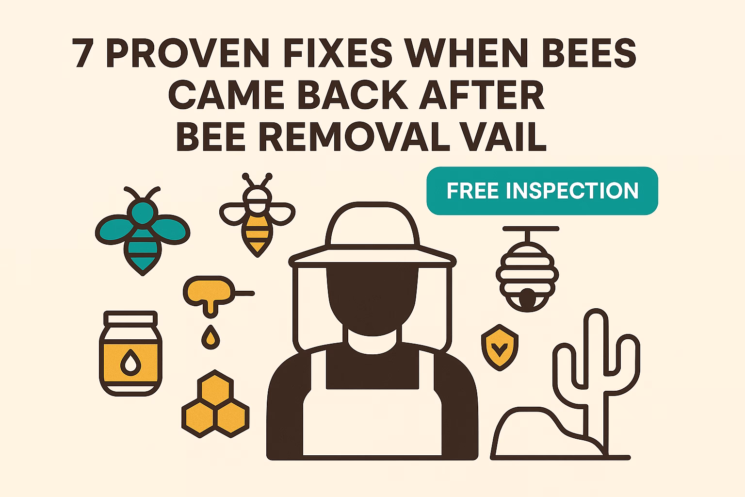 7 proven fixes when bees came back after bee removal Vail, featuring a beekeeper and related bee icons. Free inspection offer.