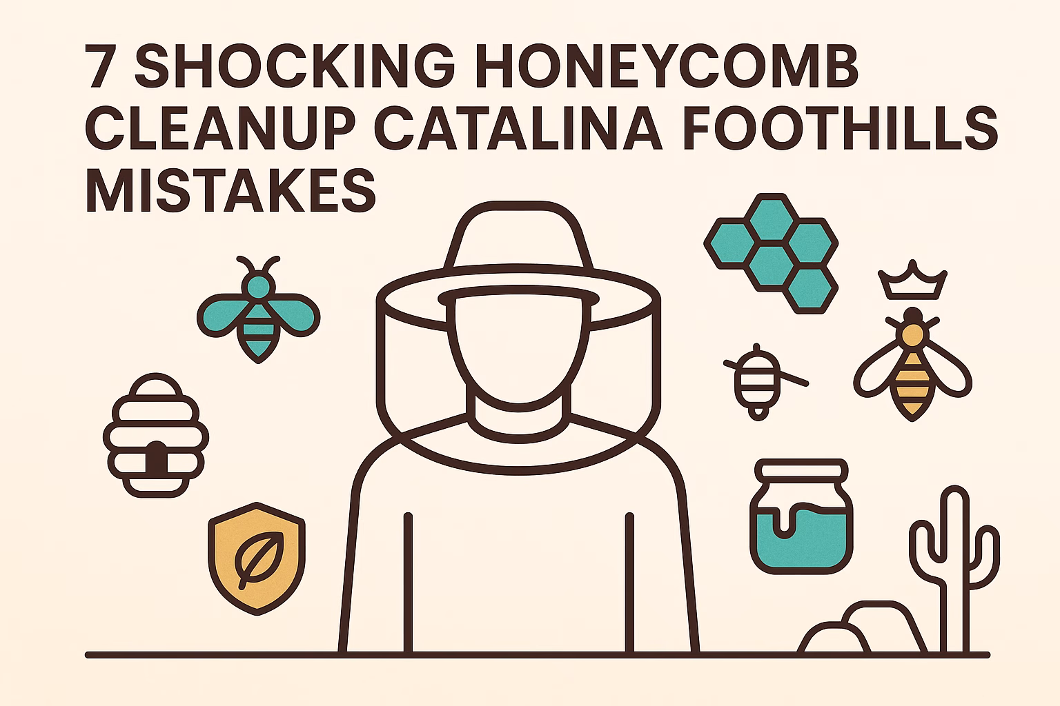 7 shocking honeycomb cleanup Catalina Foothills mistakes with illustrated bees, honey, and a beekeeper.