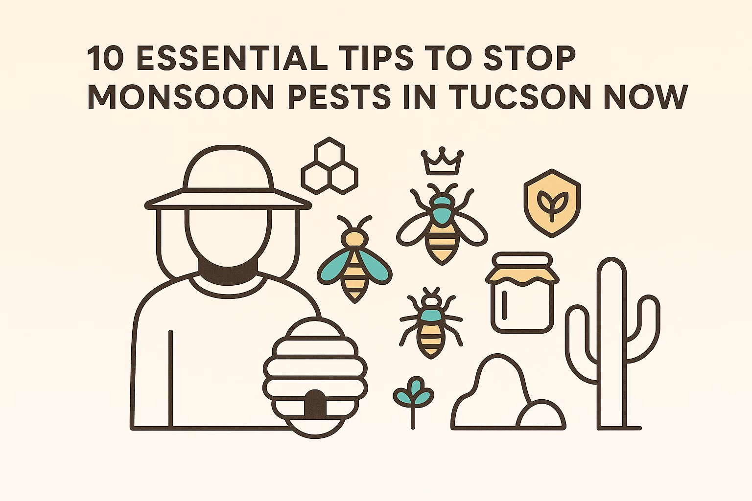 10 tips to prevent monsoon pests featuring a beekeeper, bees, a cactus, and icons representing pest control.