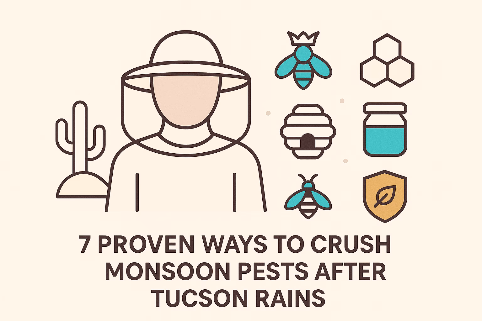 7 proven ways to crush monsoon pests after Tucson rains, featuring a person in a hat, bees, honey, and a cactus.