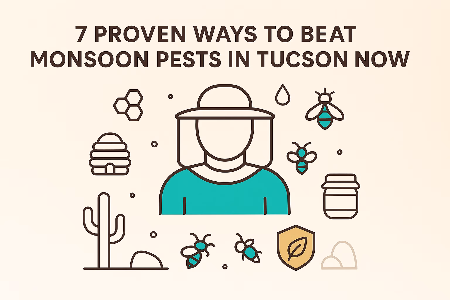 7 proven ways to beat monsoon pests in Tucson, featuring icons of a beekeeper, bees, and local flora.