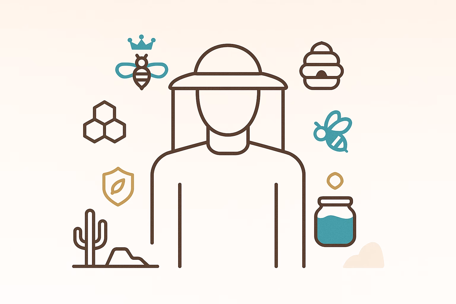 Illustration of a person surrounded by symbols related to monsoon pests, including bees, honey, a cactus, and a shield.
