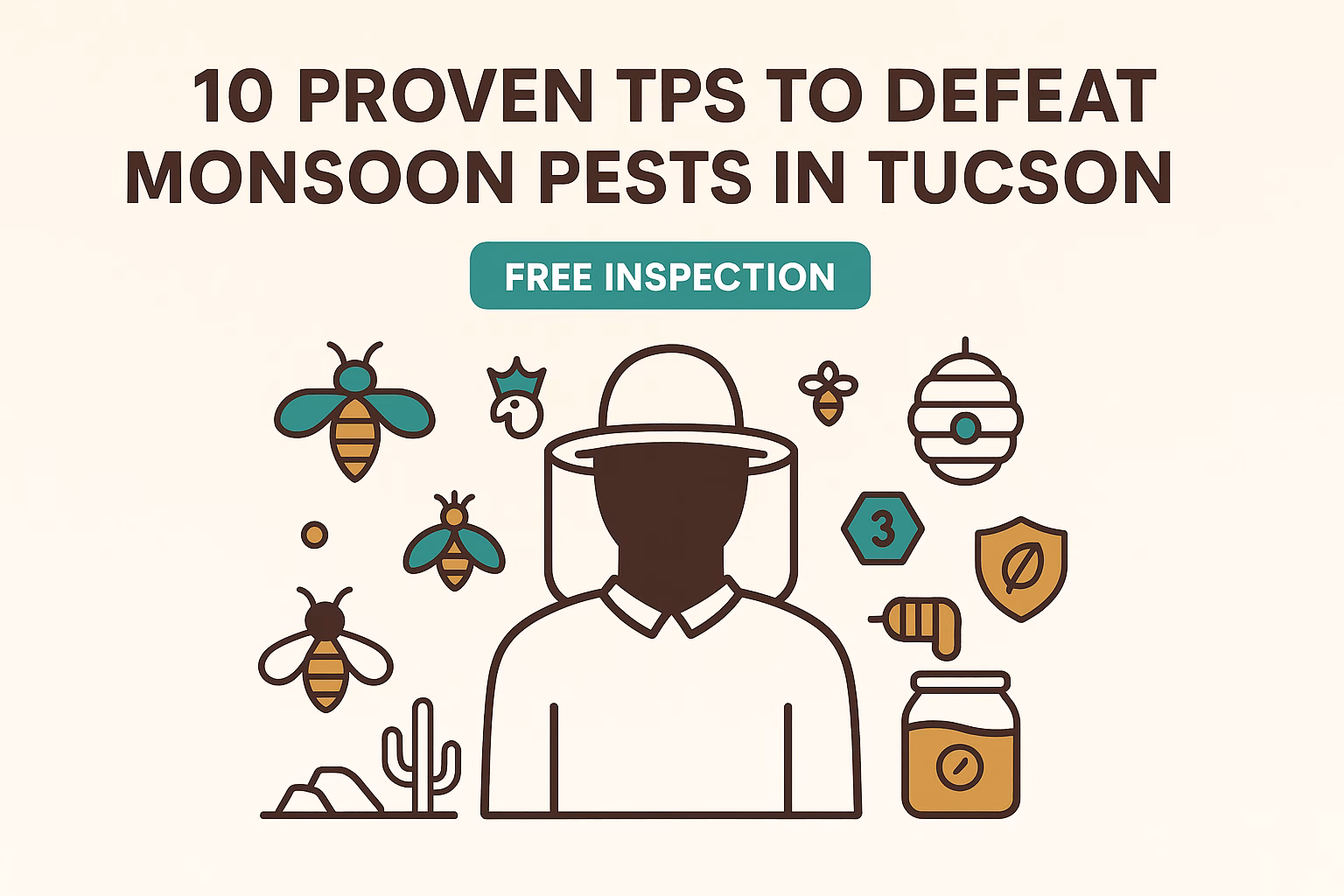 10 tips for addressing monsoon pests, featuring icons of bees, a cactus, and a honey jar. Includes "Free Inspection" text.
