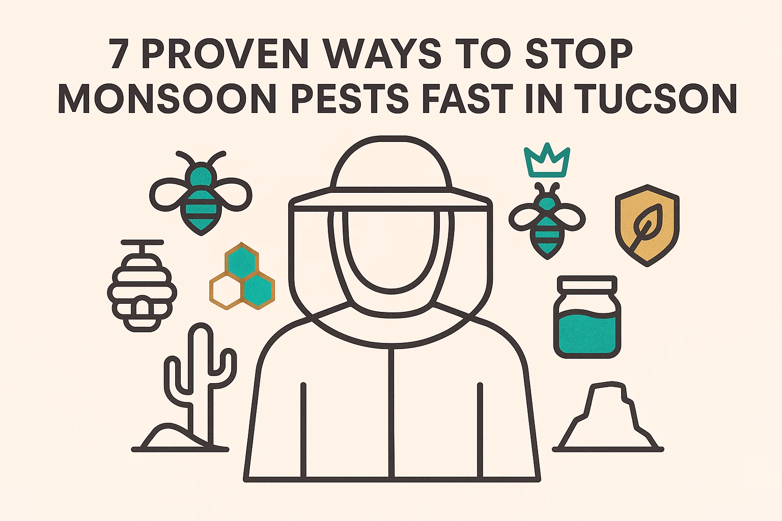 7 ways to stop monsoon pests fast in Tucson, featuring a figure in protective gear and pest icons.