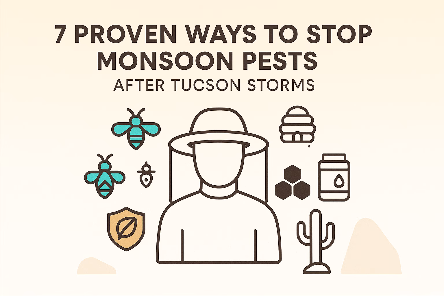 7 proven ways to stop monsoon pests after Tucson storms, featuring illustrations of bees, a beekeeper, and cacti.