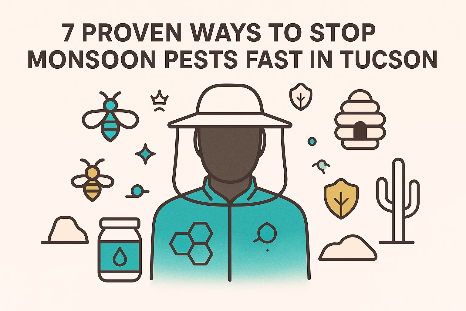 7 ways to stop monsoon pests fast in Tucson, featuring a person in protective gear surrounded by pest-related icons.