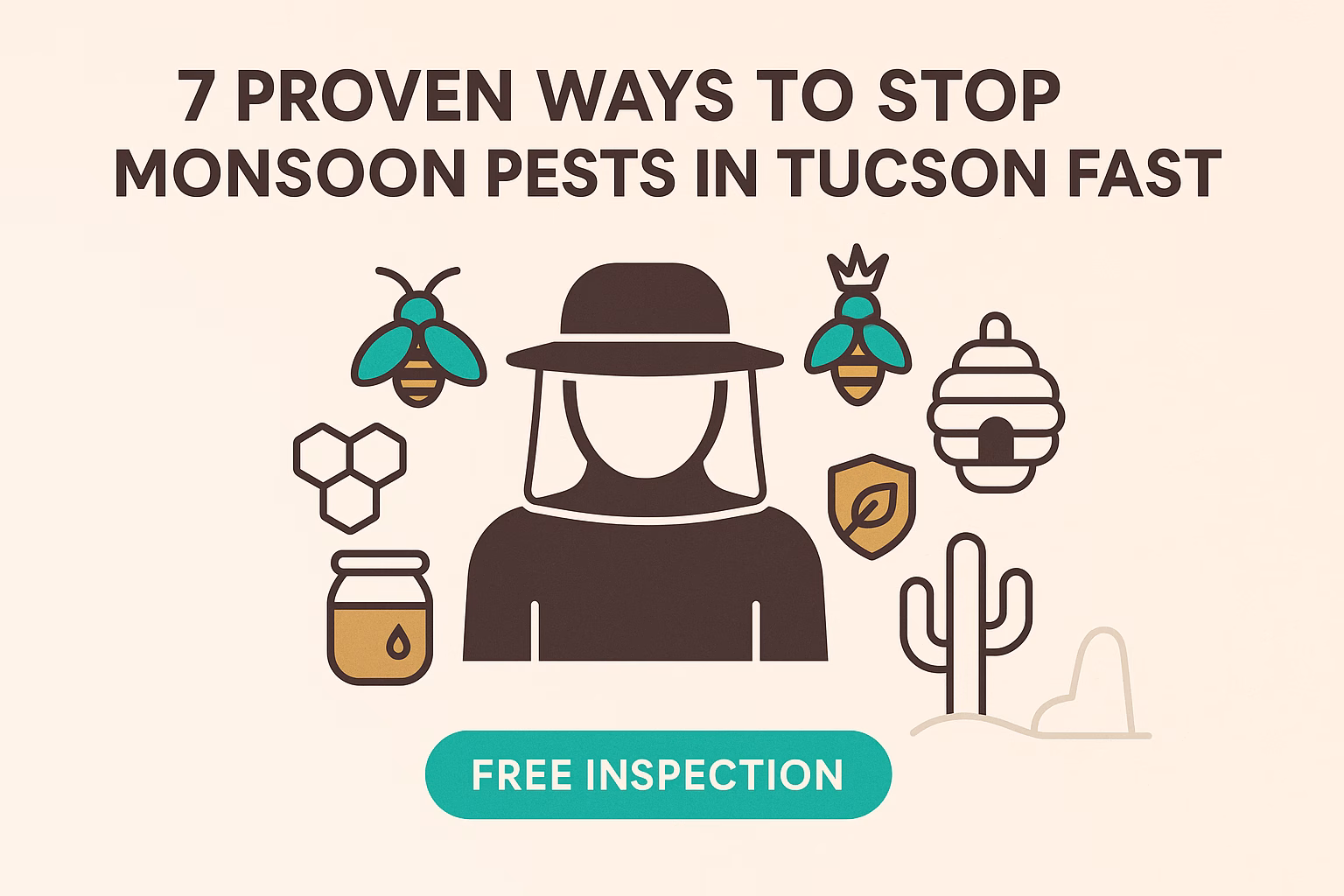 7 ways to stop monsoon pests in Tucson, featuring a silhouette, bees, honey, and a cactus; includes "free inspection" button.