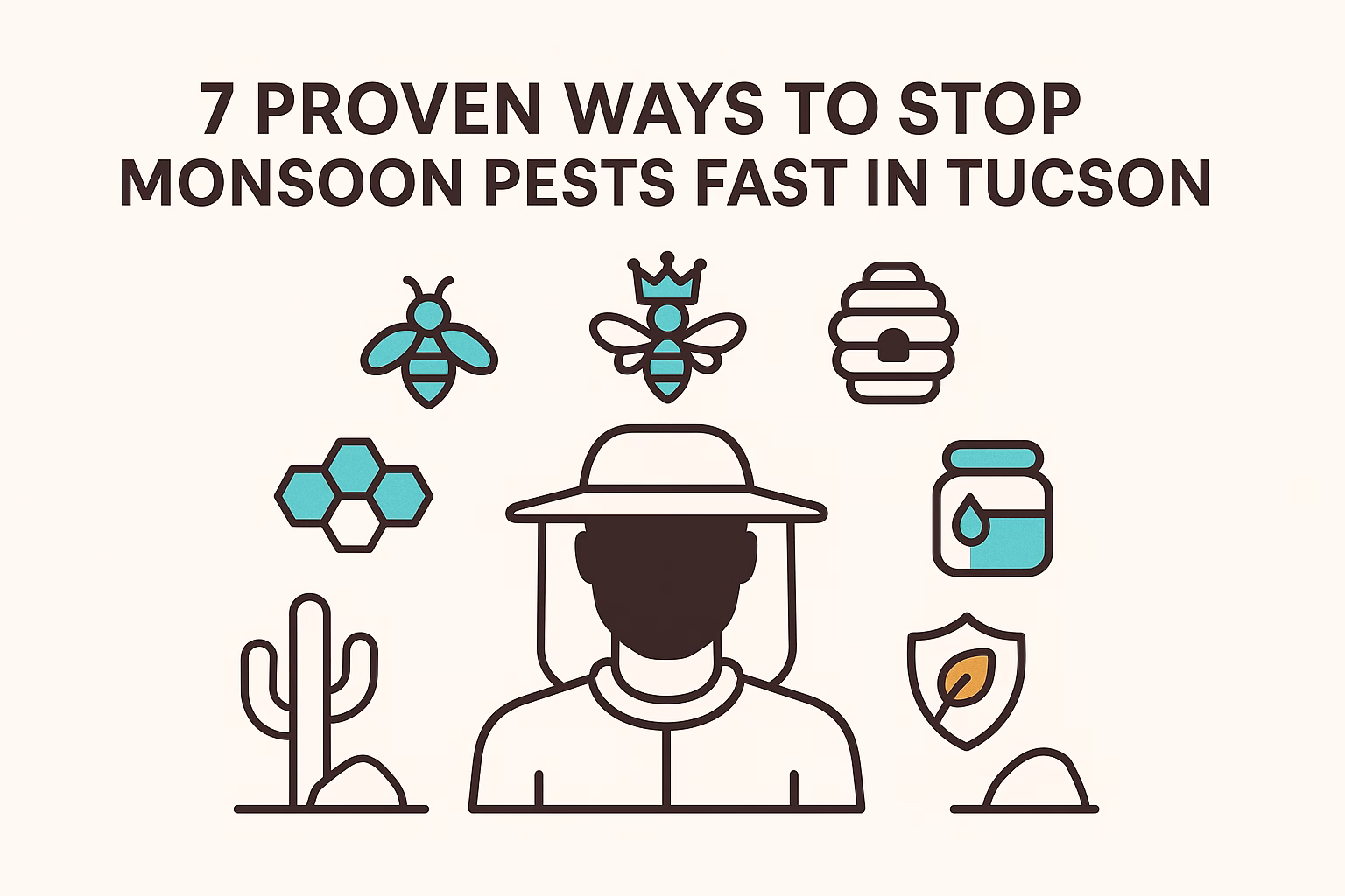7 proven ways to stop monsoon pests fast in Tucson, featuring bees, a beekeeper, and cacti icons.