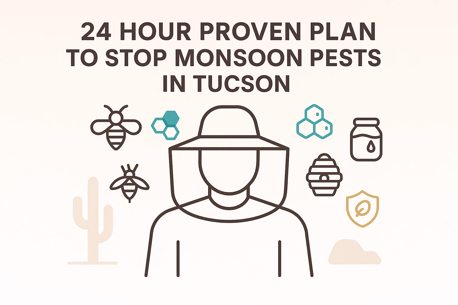 24-hour plan to stop monsoon pests in Tucson with icons of bees, honey, and a person wearing protective gear.