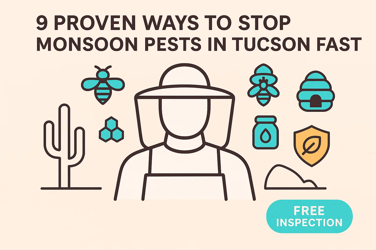 9 ways to stop monsoon pests in Tucson, featuring icons of bees, a beekeeper, cactus, and a free inspection button.