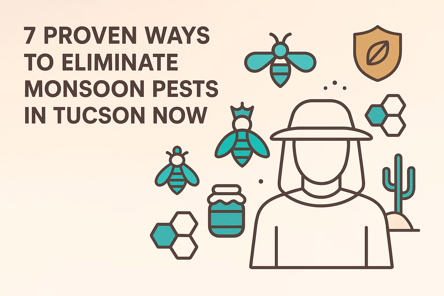7 proven ways to eliminate monsoon pests in Tucson, featuring bees, a jar, and a person in a wide-brimmed hat.