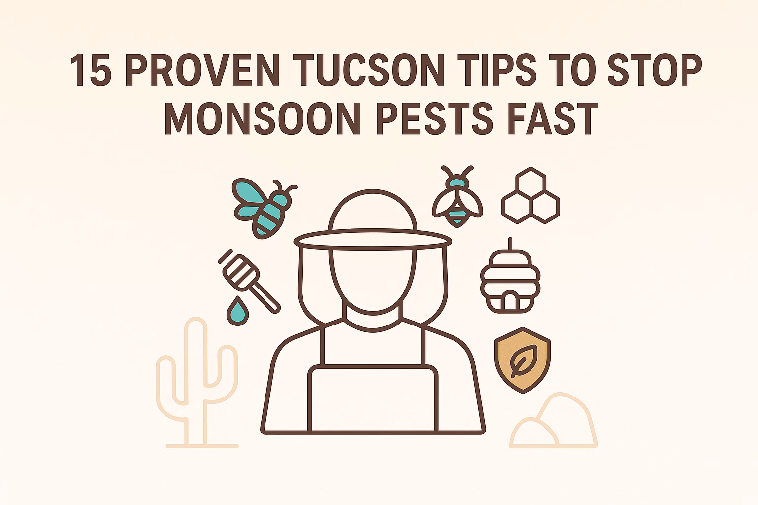 15 tips for Tucson residents to quickly stop monsoon pests, featuring icons of bees, honey, and a gardener.