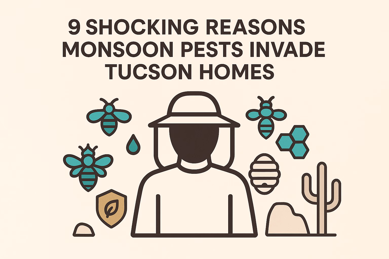 9 reasons why monsoon pests invade Tucson homes, featuring bees, water drops, cacti, and a person in protective gear.