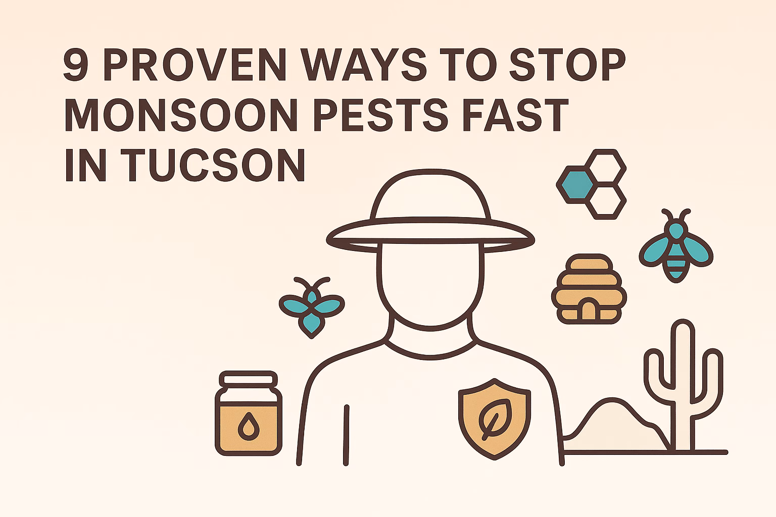 9 ways to stop monsoon pests fast in Tucson, featuring a cactus, bees, and a person in a hat with a shield.