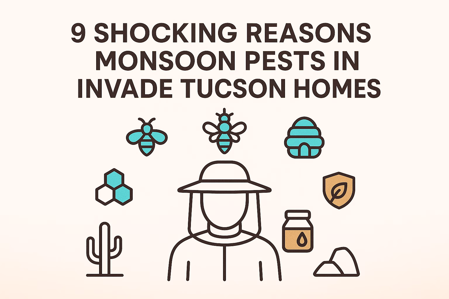 9 reasons monsoon pests invade Tucson homes, featuring icons of bees, honey, cacti, and a person in a sun hat.