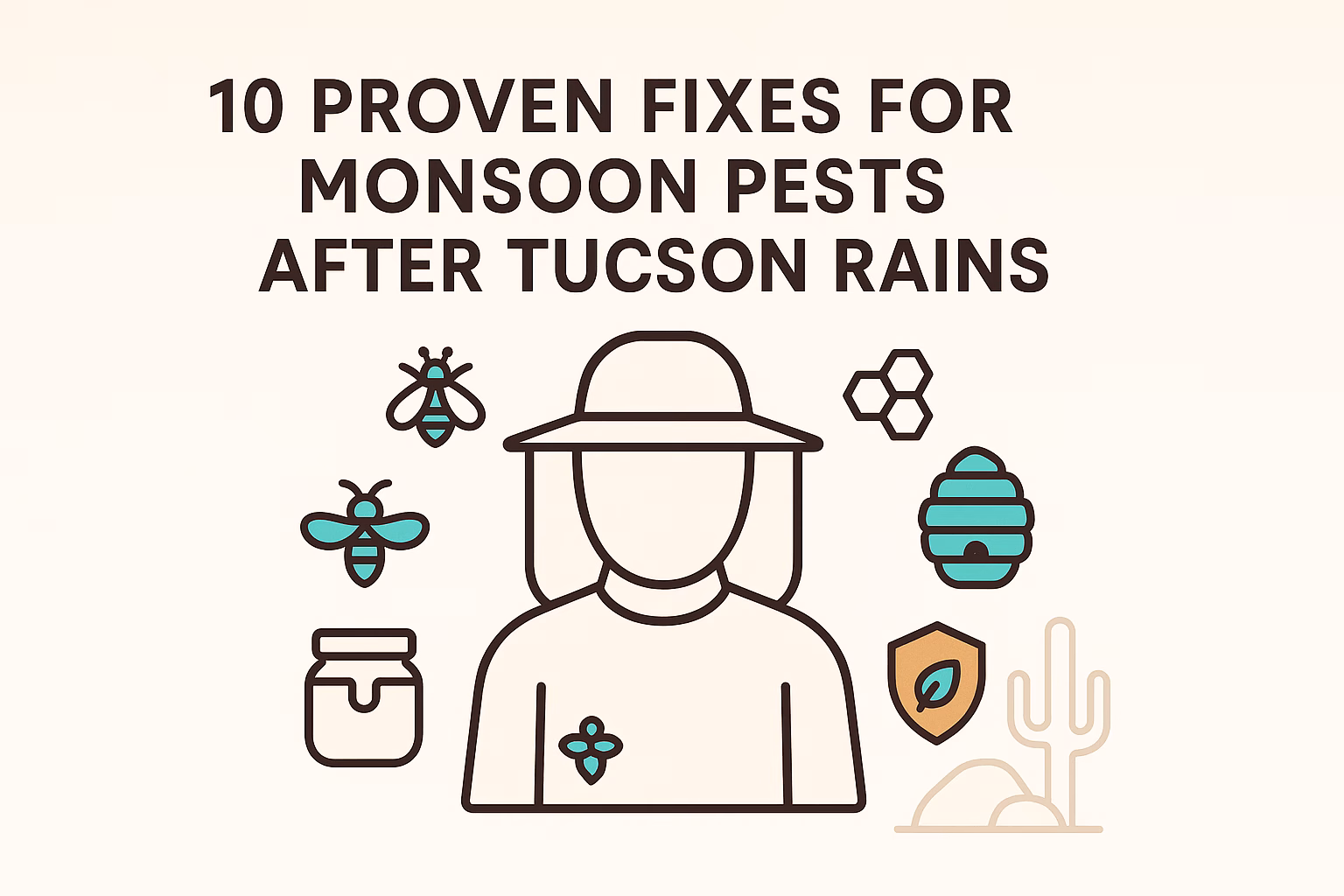 10 proven fixes for monsoon pests after Tucson rains, featuring icons of bees, a jar, and cacti surrounding a figure.