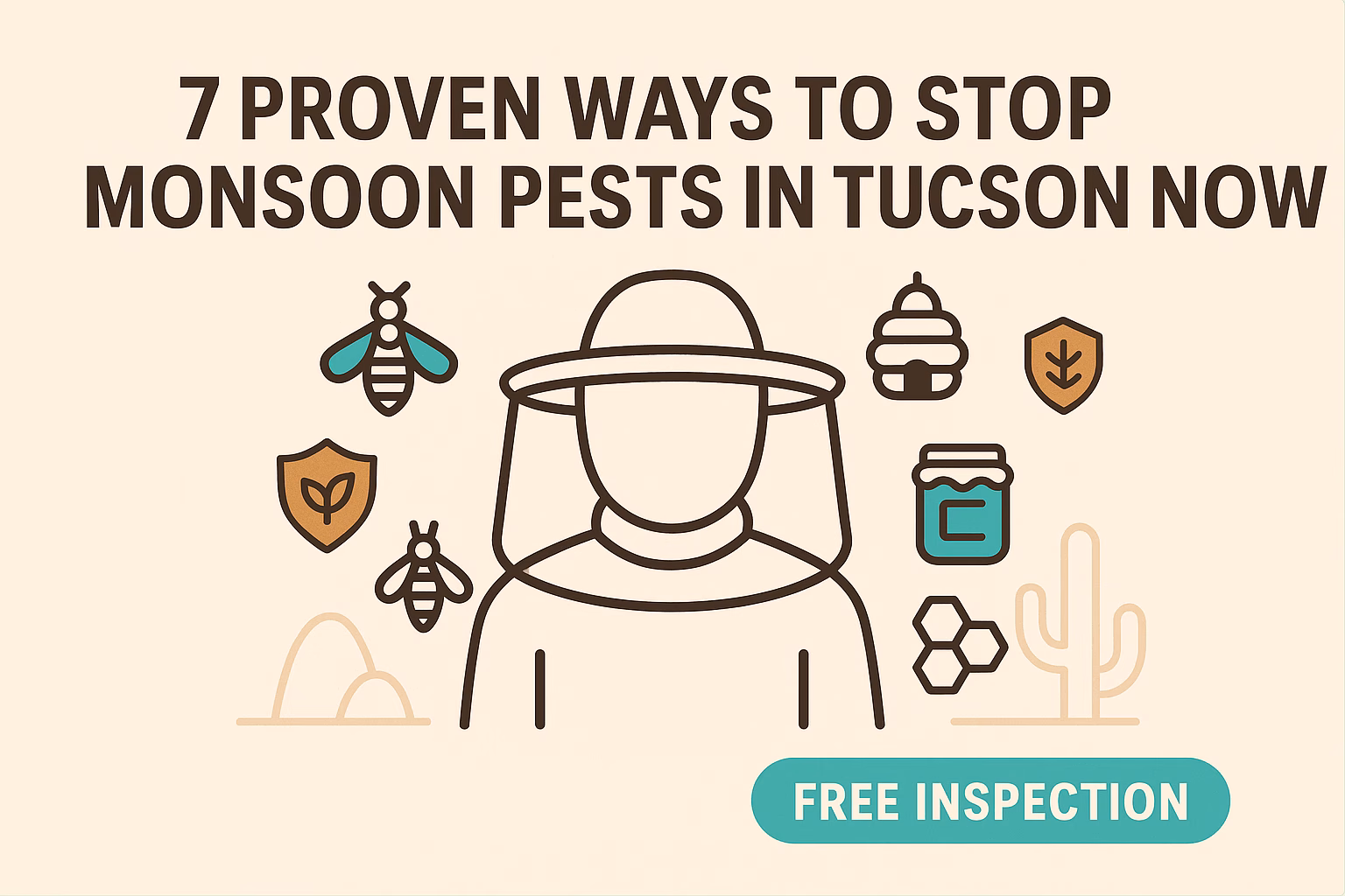 7 ways to stop monsoon pests in Tucson, featuring a figure in protective gear and related icons. Free inspection offer included.
