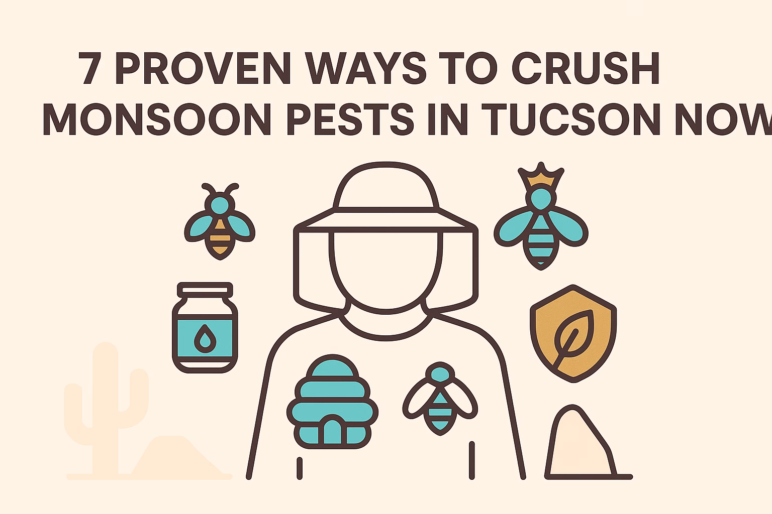 7 proven strategies to eliminate monsoon pests in Tucson, featuring a person with bees and pest control items.
