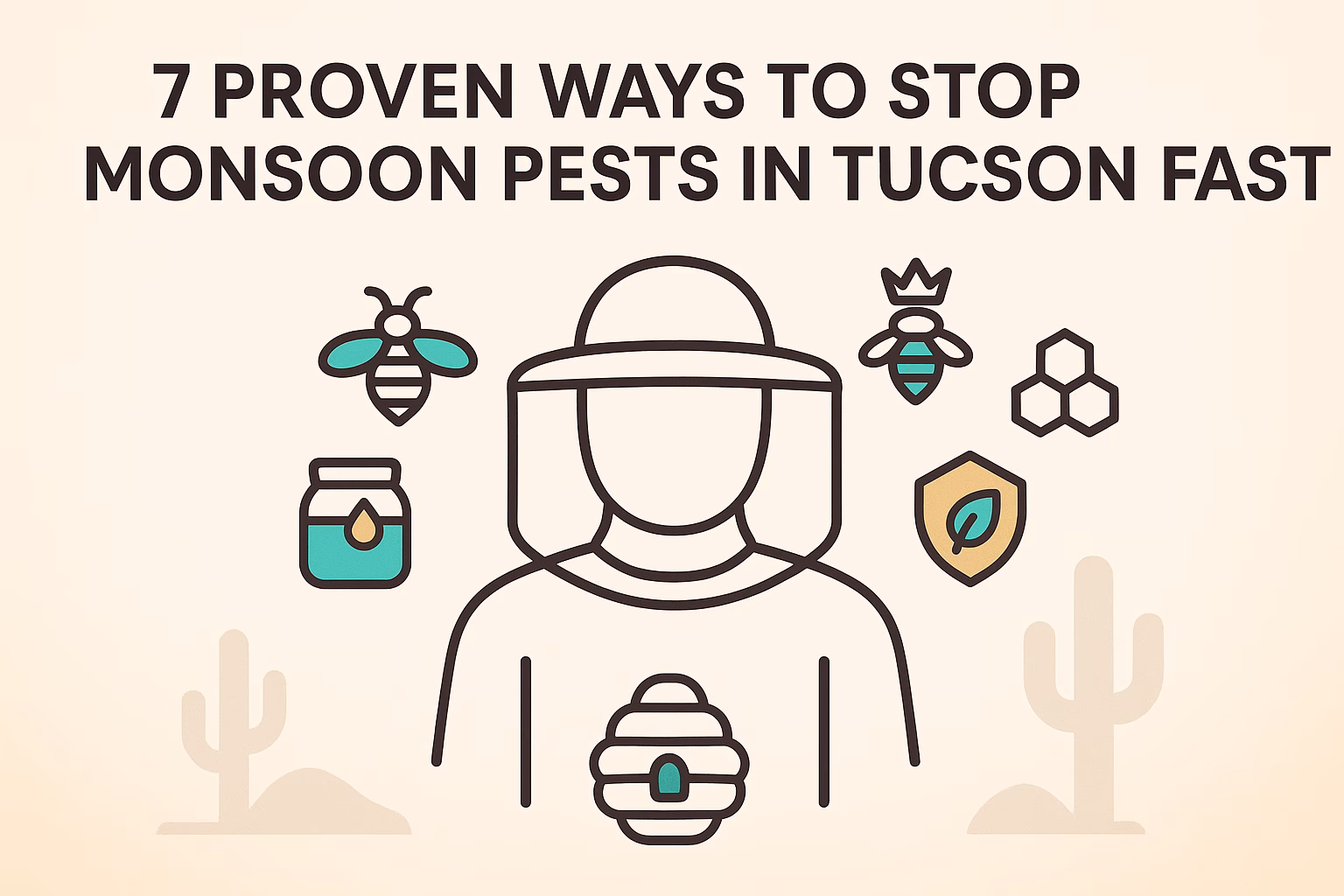 7 proven ways to stop monsoon pests in Tucson, featuring illustrations of bees, honey, and protective gear.