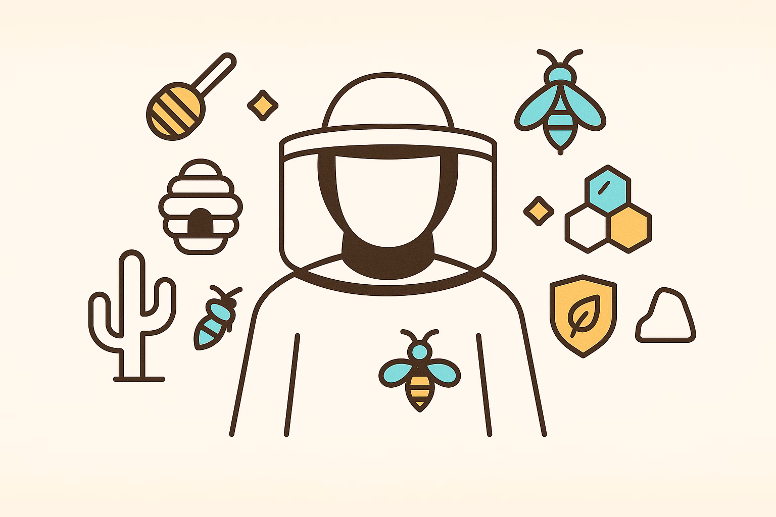 A beekeeper with protective gear, surrounded by honey, bees, a hive, and a cactus, illustrating monsoon pests.