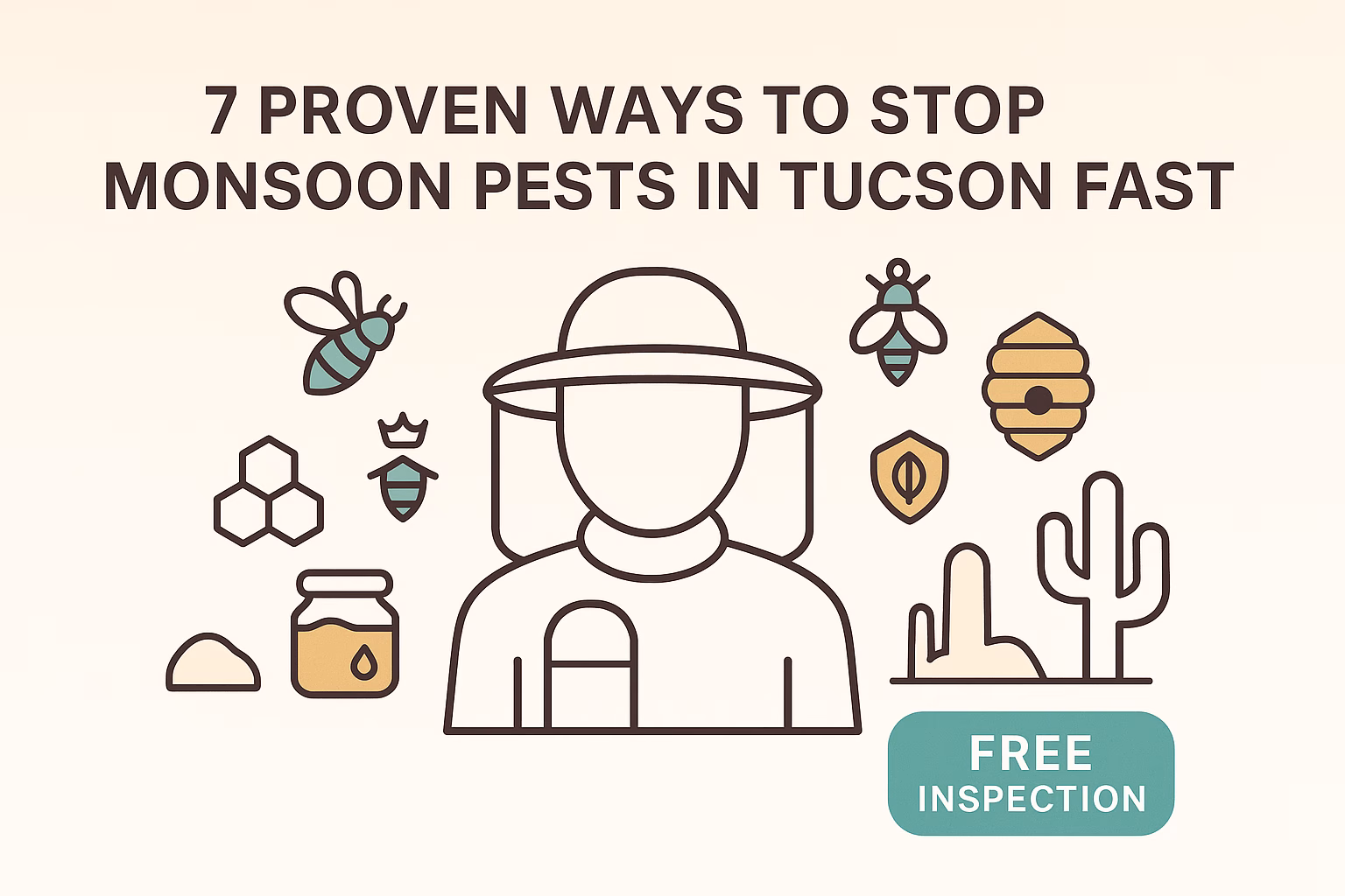 7 ways to eliminate monsoon pests in Tucson; graphic includes a person, icons, and a "Free Inspection" button.