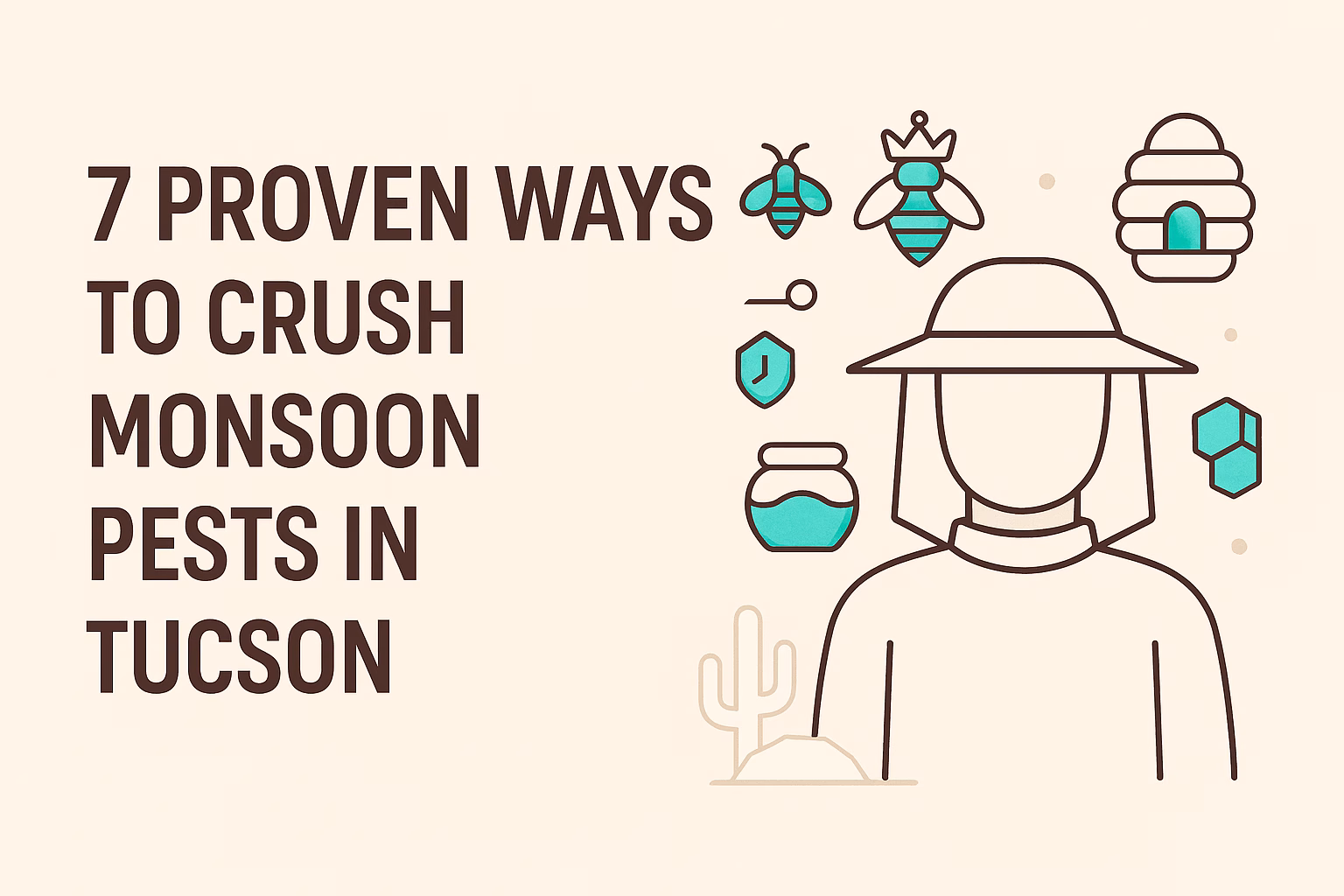 7 proven ways to crush monsoon pests in Tucson, featuring a hat-wearing figure and various pest-related icons.