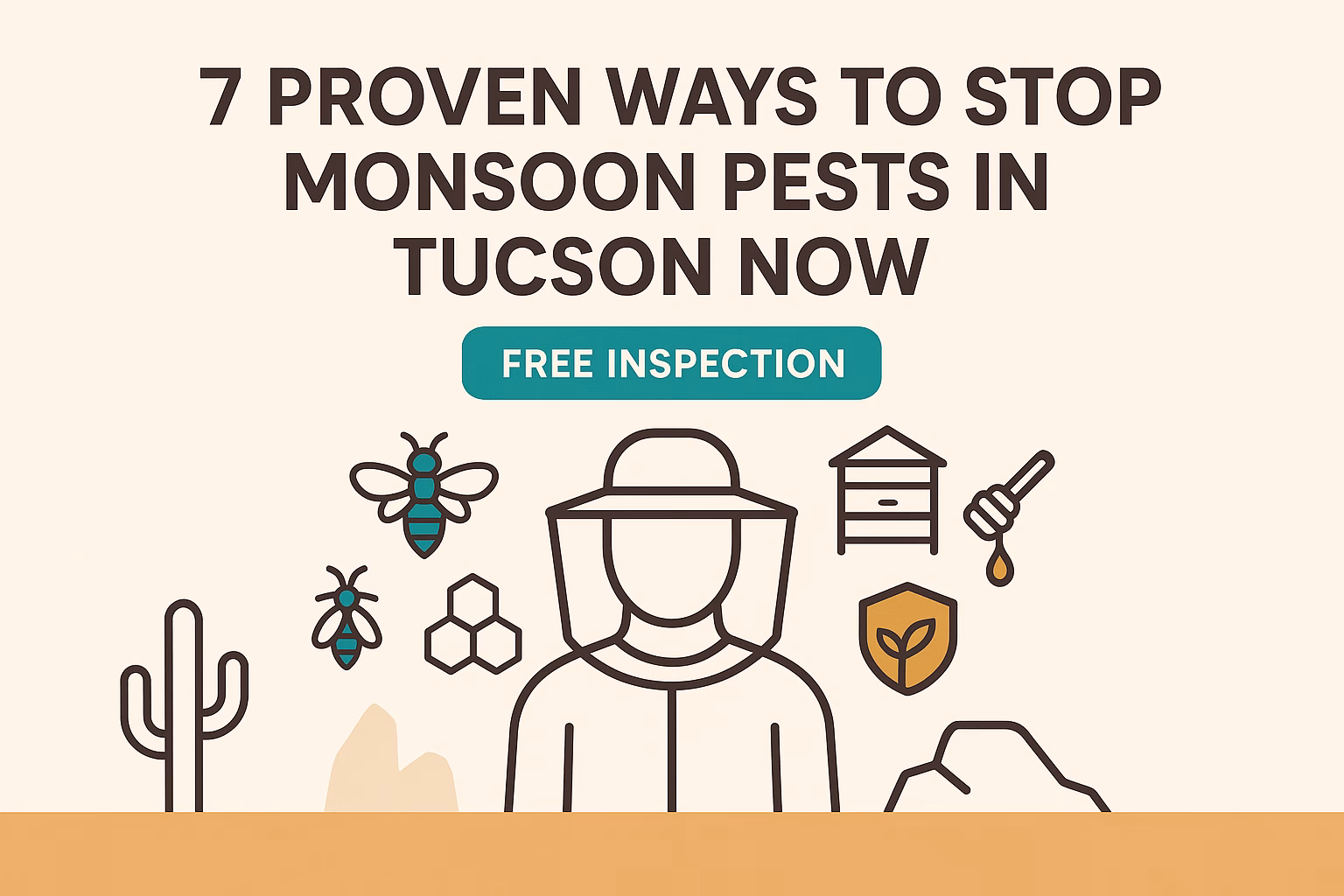7 ways to stop monsoon pests in Tucson, featuring a person in protective gear, bees, and a free inspection offer.