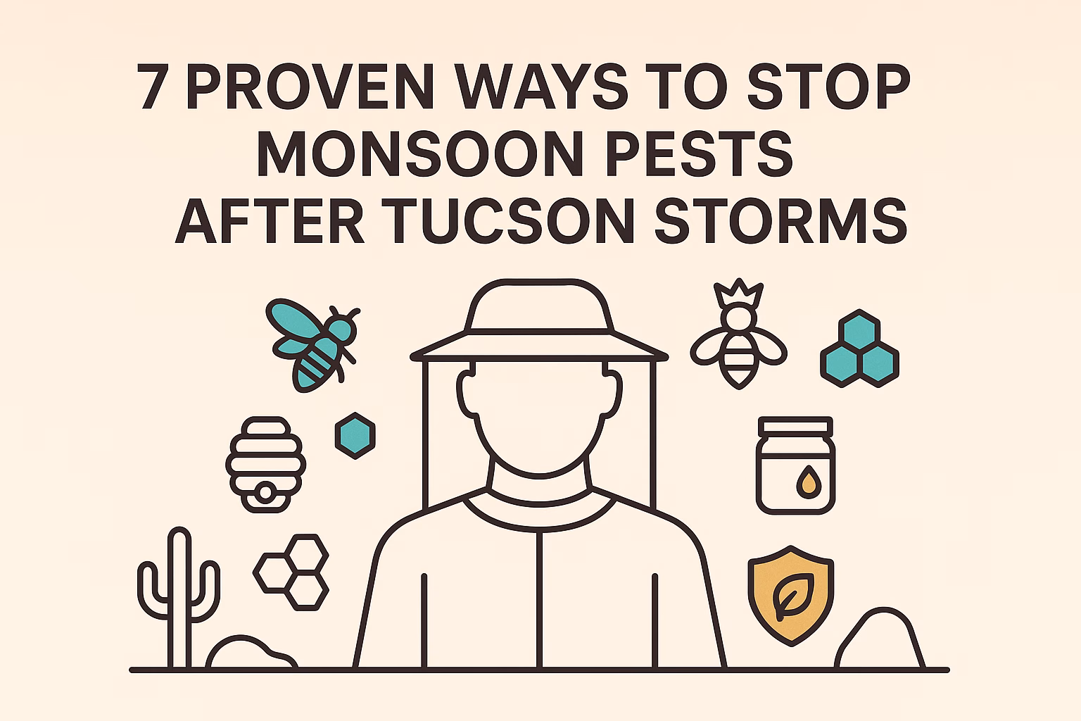 7 proven ways to stop monsoon pests illustrated with icons of bees, cacti, and a person in a hat after Tucson storms.