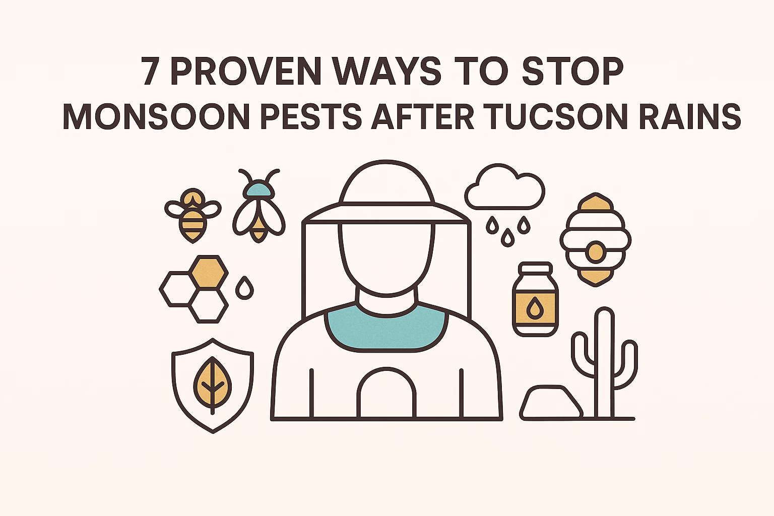 7 proven ways to stop monsoon pests after Tucson rains, featuring icons of insects, rain, and protective measures.