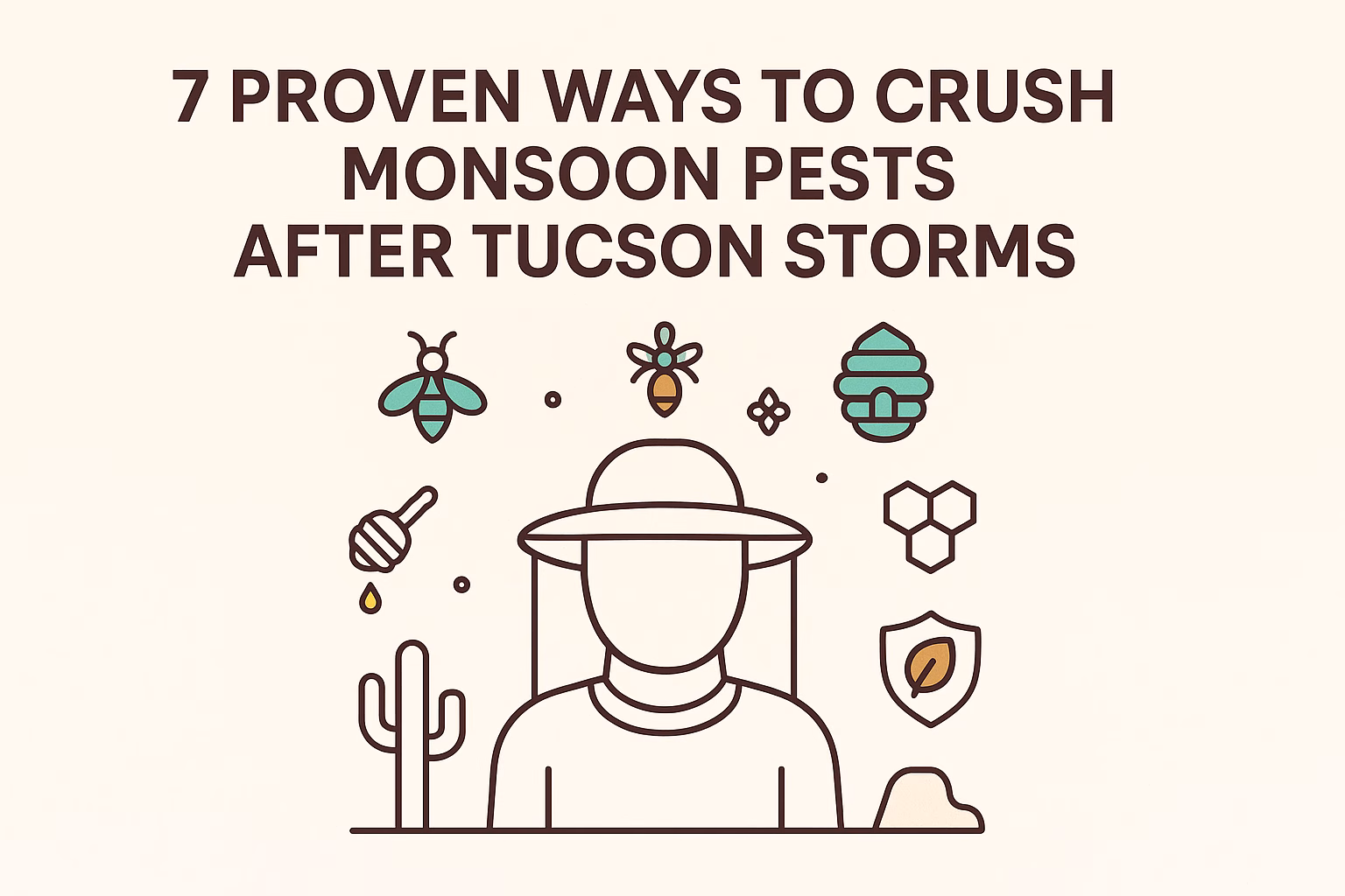 7 ways to eliminate monsoon pests featuring a figure, cacti, and various pest-related icons after Tucson storms.
