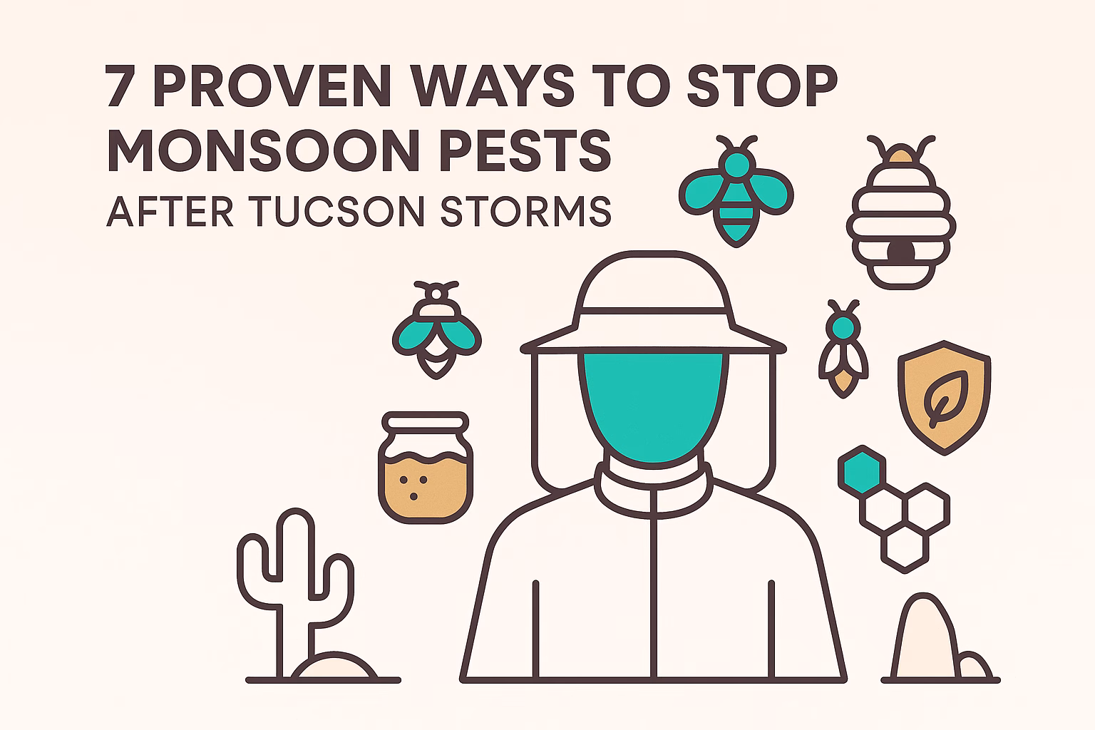 7 ways to stop monsoon pests, featuring a person in protective gear and illustrations of bees, a jar, and a cactus.