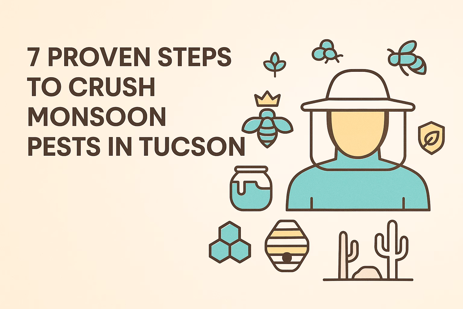 7 steps to manage monsoon pests in Tucson, featuring a person in protective gear and pest-related icons.