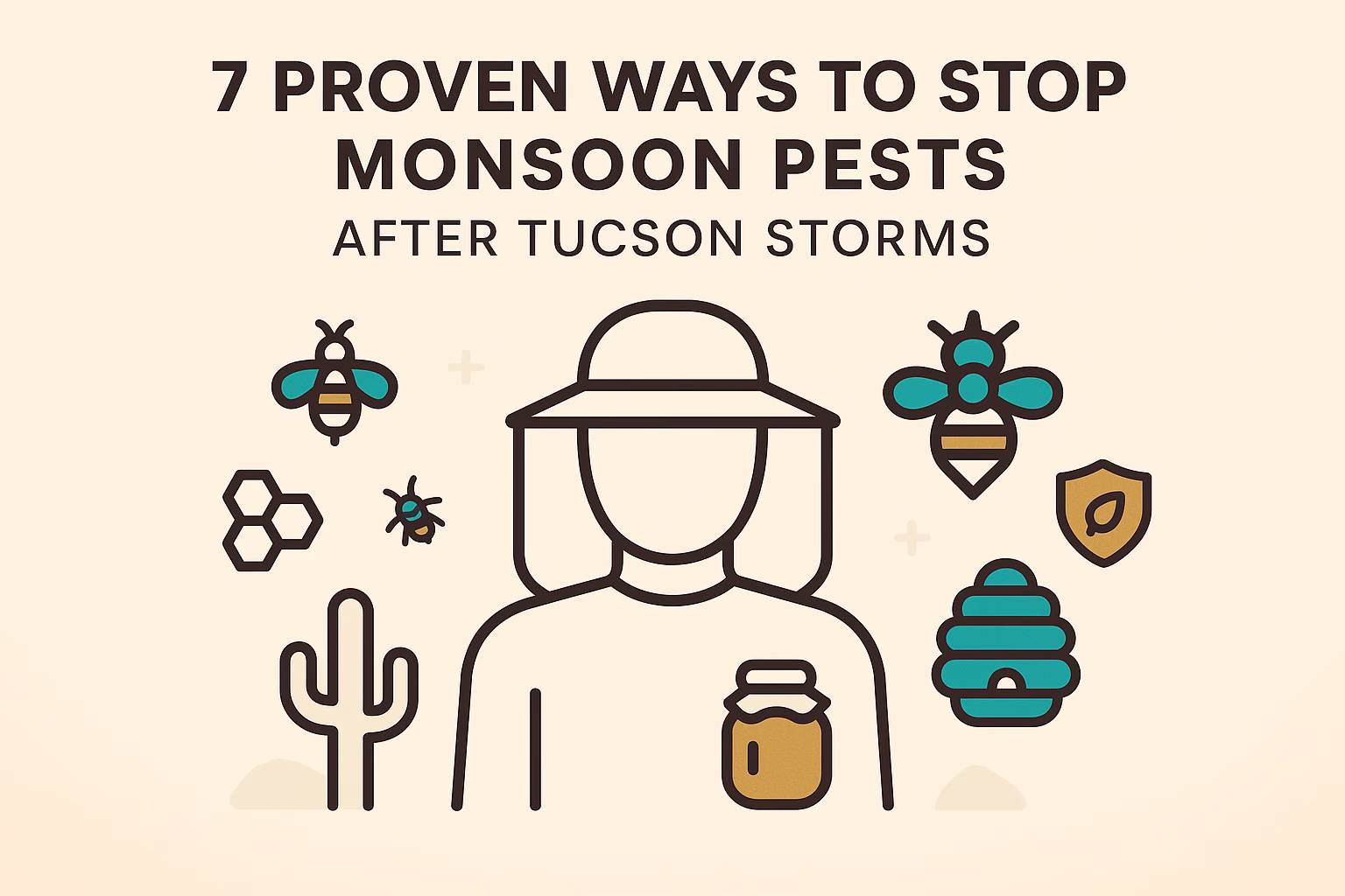 7 ways to stop monsoon pests after storms, featuring a person in a hat with bees, a jar, and a cactus.