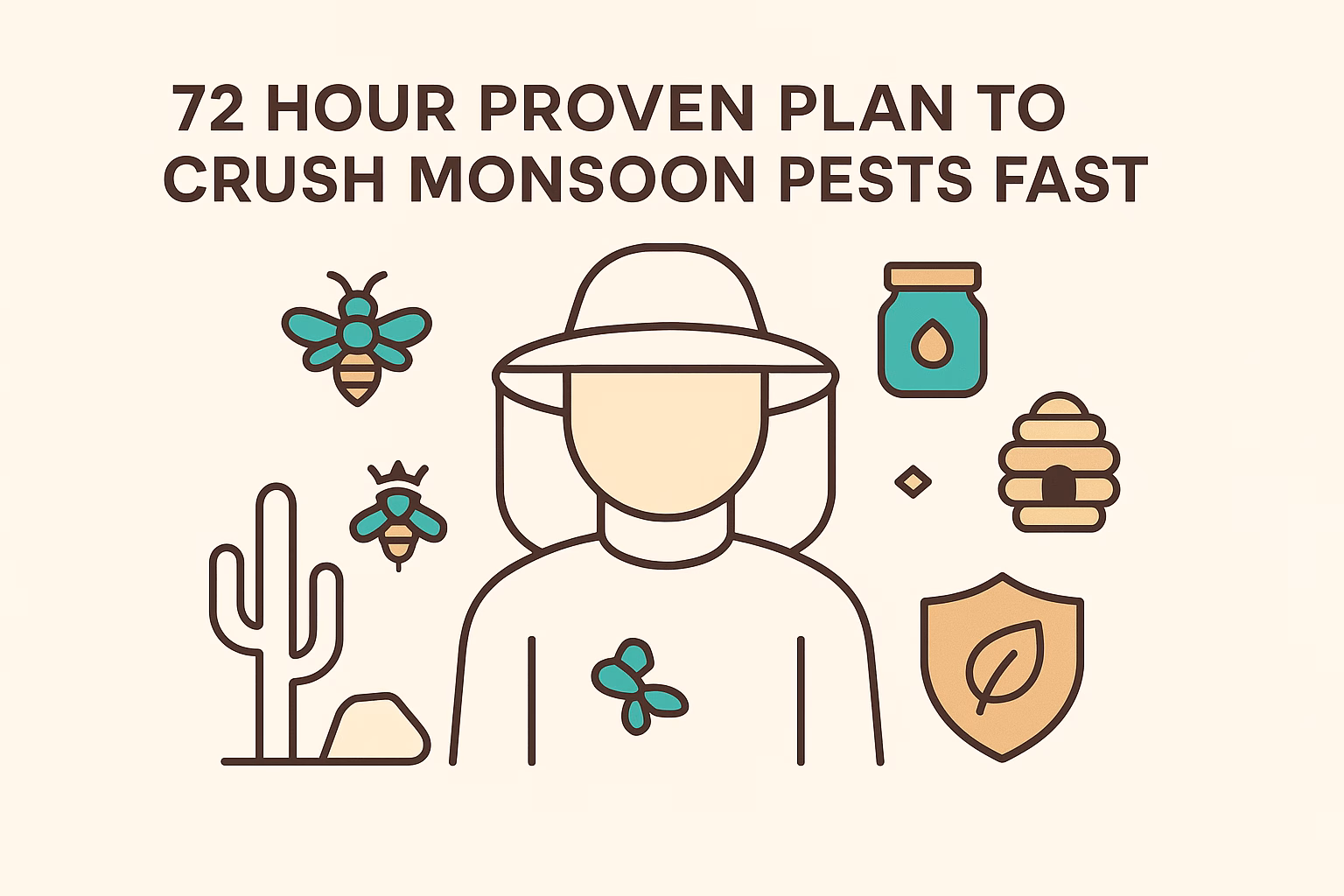72-hour plan graphic to eliminate monsoon pests, featuring a person with bees, a cactus, and pest control symbols.