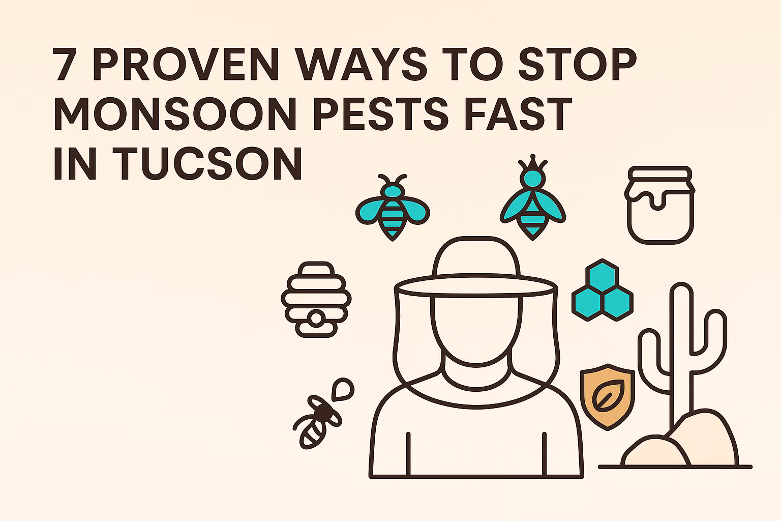 7 tips to prevent monsoon pests in Tucson, featuring bees, a hat-wearing person, jar, and desert elements.
