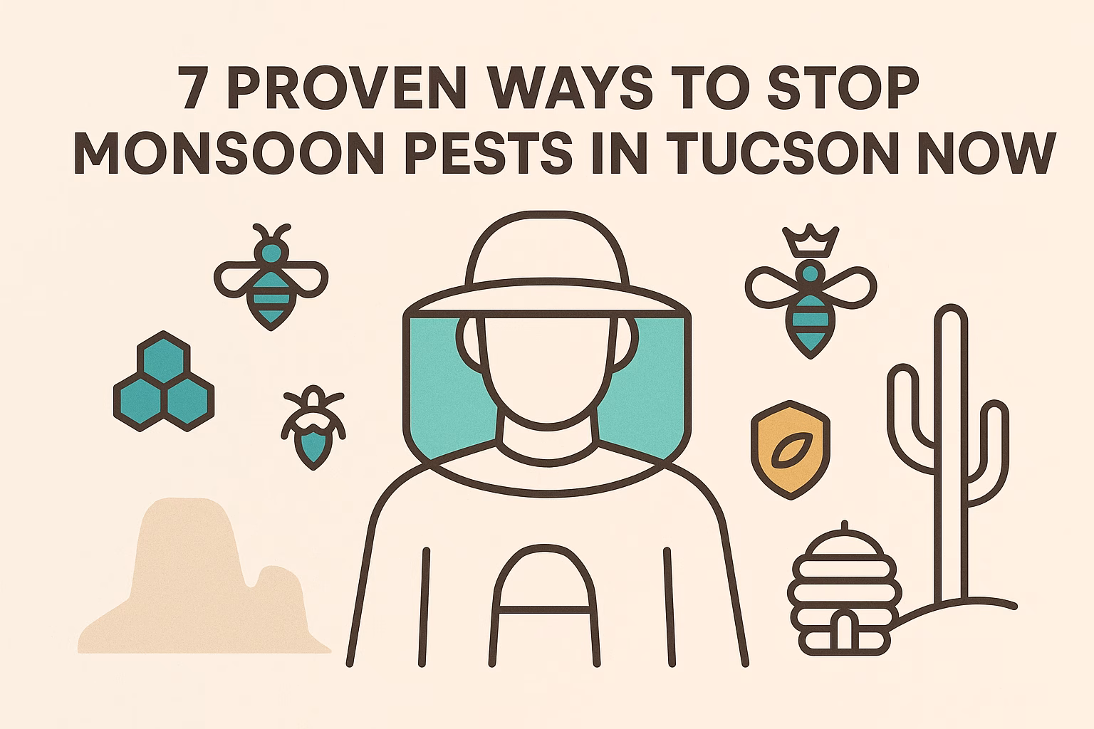 7 proven ways to stop monsoon pests in Tucson, featuring a person, bees, hexagons, a cactus, and a beehive.