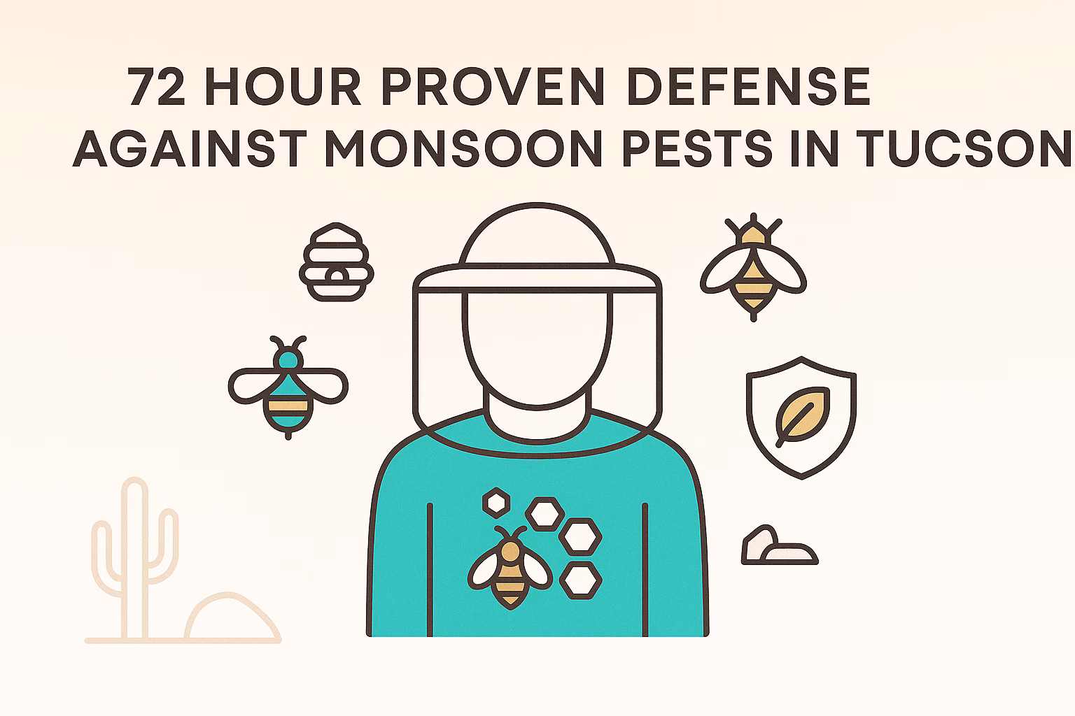 72-hour defense against monsoon pests, featuring a person in protective gear and illustrations of bees and a cactus.
