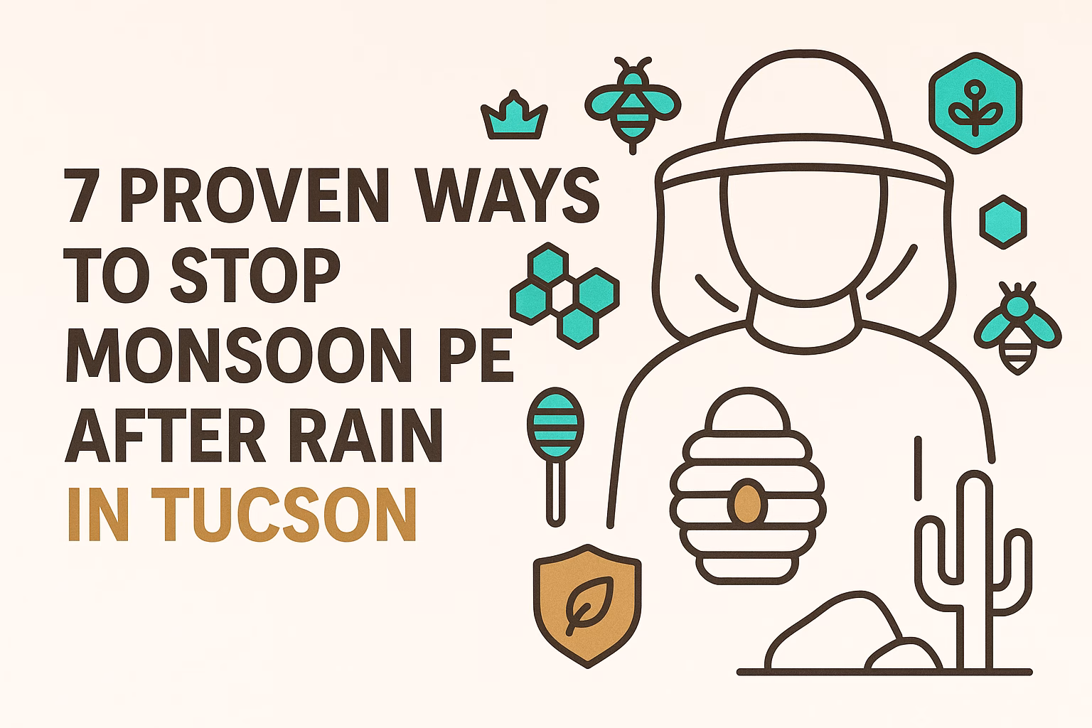 7 ways to prevent monsoon pests in Tucson, featuring a beekeeper with icons of bees, protection, and a cactus.