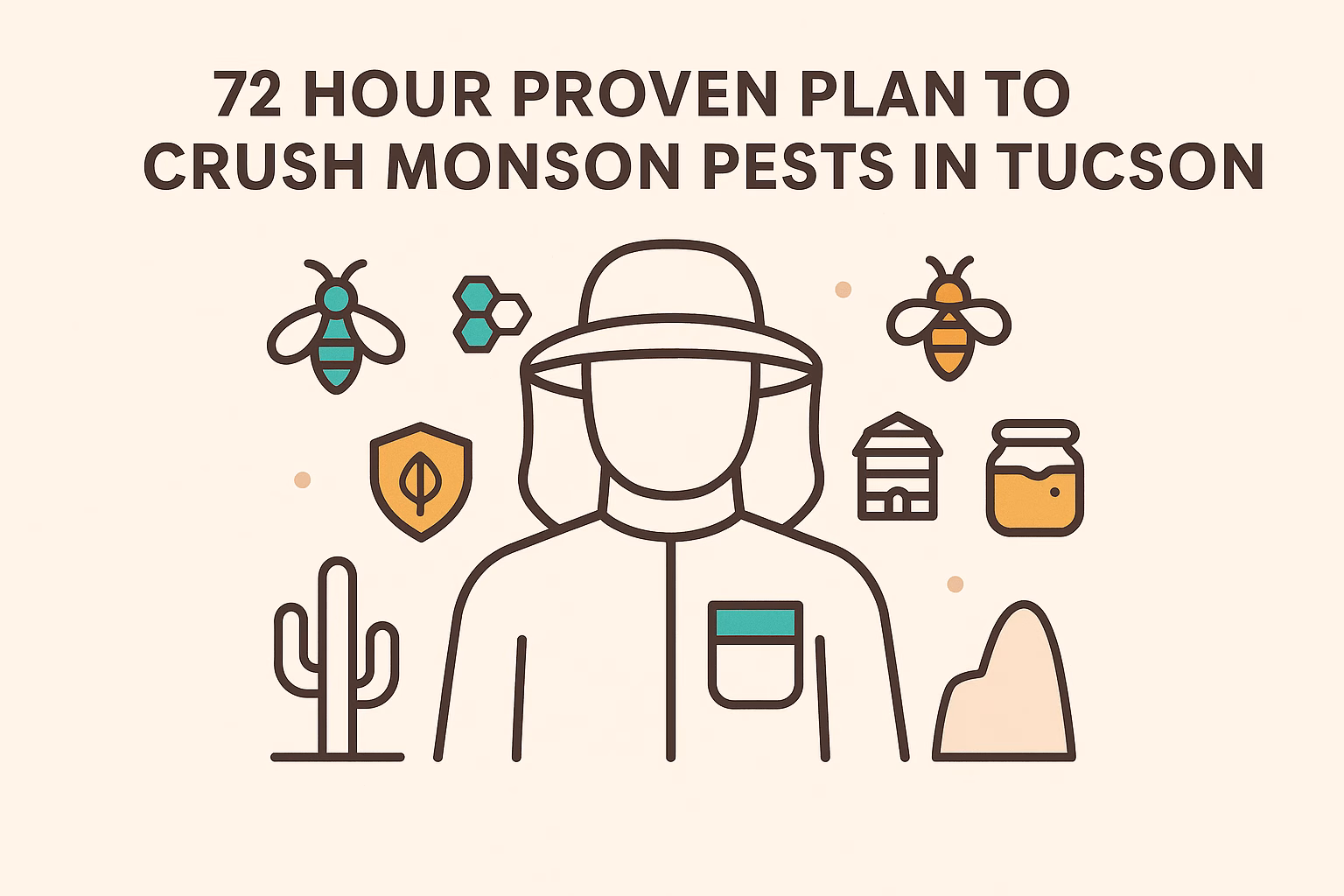 72-hour plan to combat monsoon pests in Tucson, featuring a person in protective gear and relevant icons.