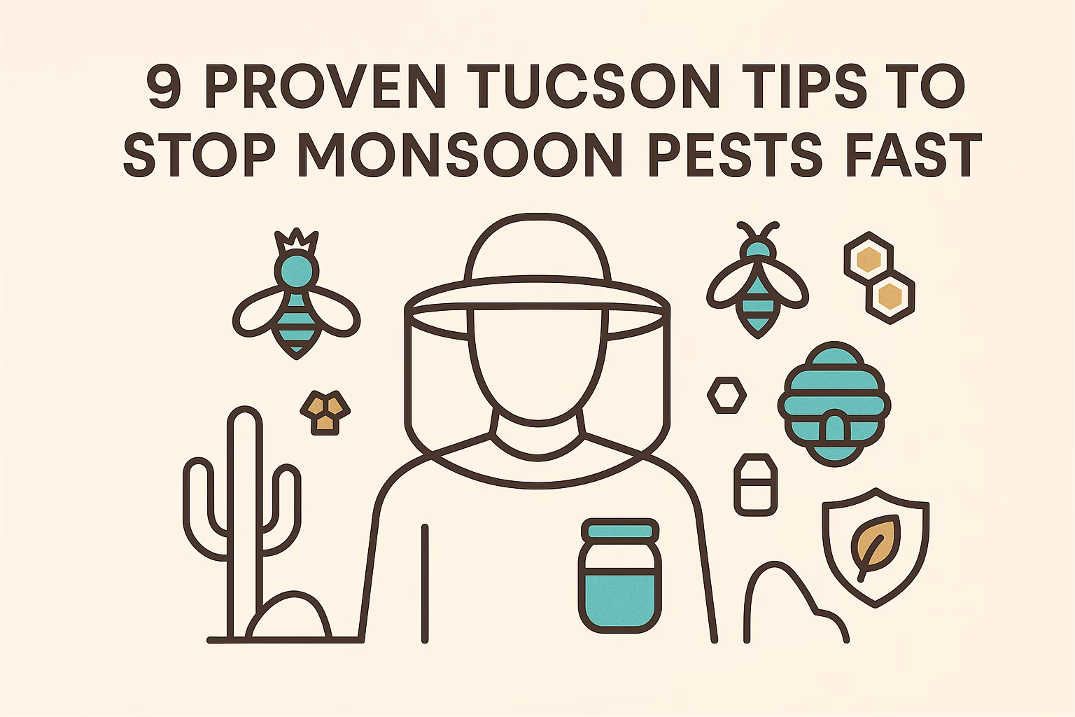9 tips to stop monsoon pests in Tucson, featuring icons of bees, cacti, and pest prevention tools.