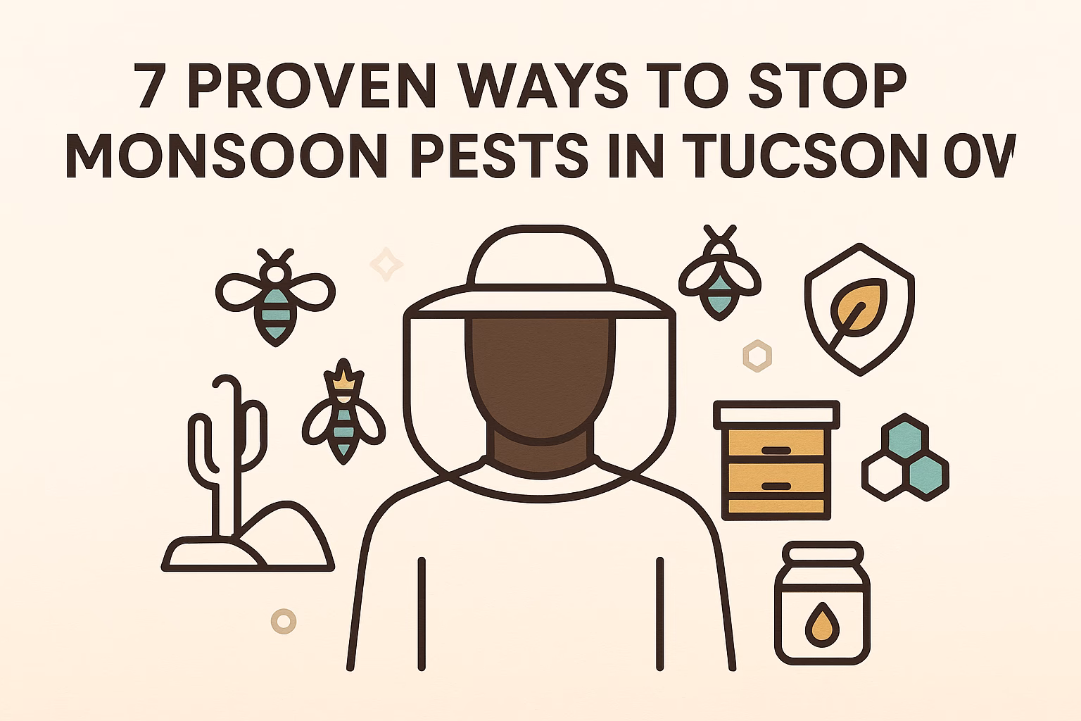 7 ways to stop monsoon pests in Tucson, featuring bees, a person in protective gear, and desert elements.