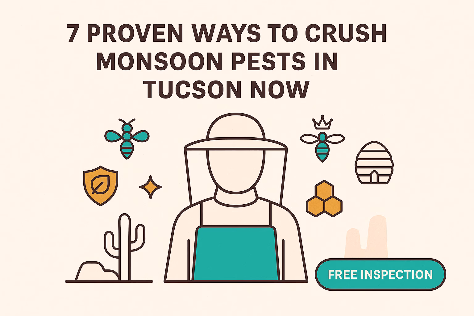 7 ways to crush monsoon pests in Tucson, featuring a beekeeper, cacti, and a call to action for a free inspection.