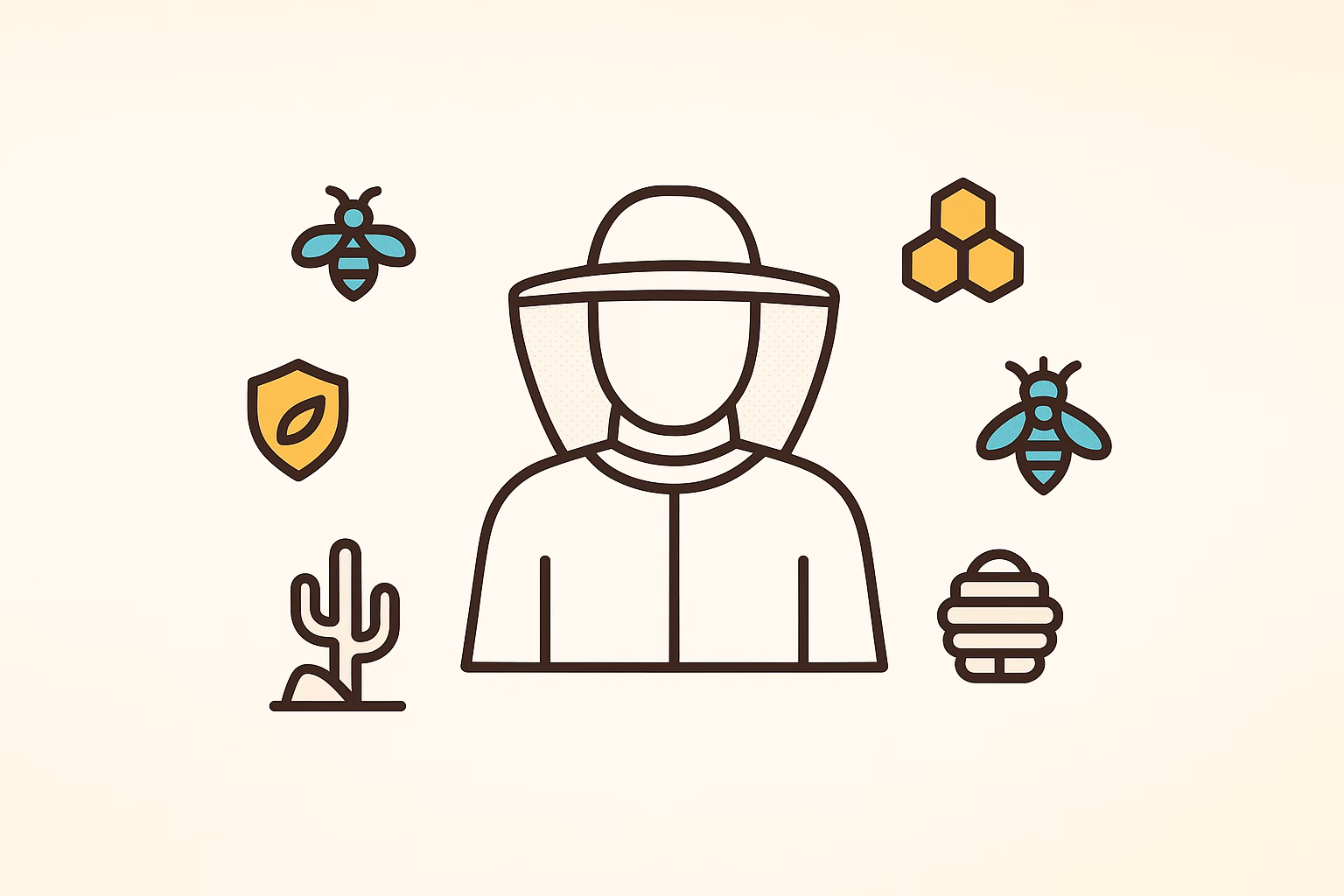 Illustration of a person in protective gear surrounded by bees, honeycomb, and a cactus, highlighting monsoon pests.
