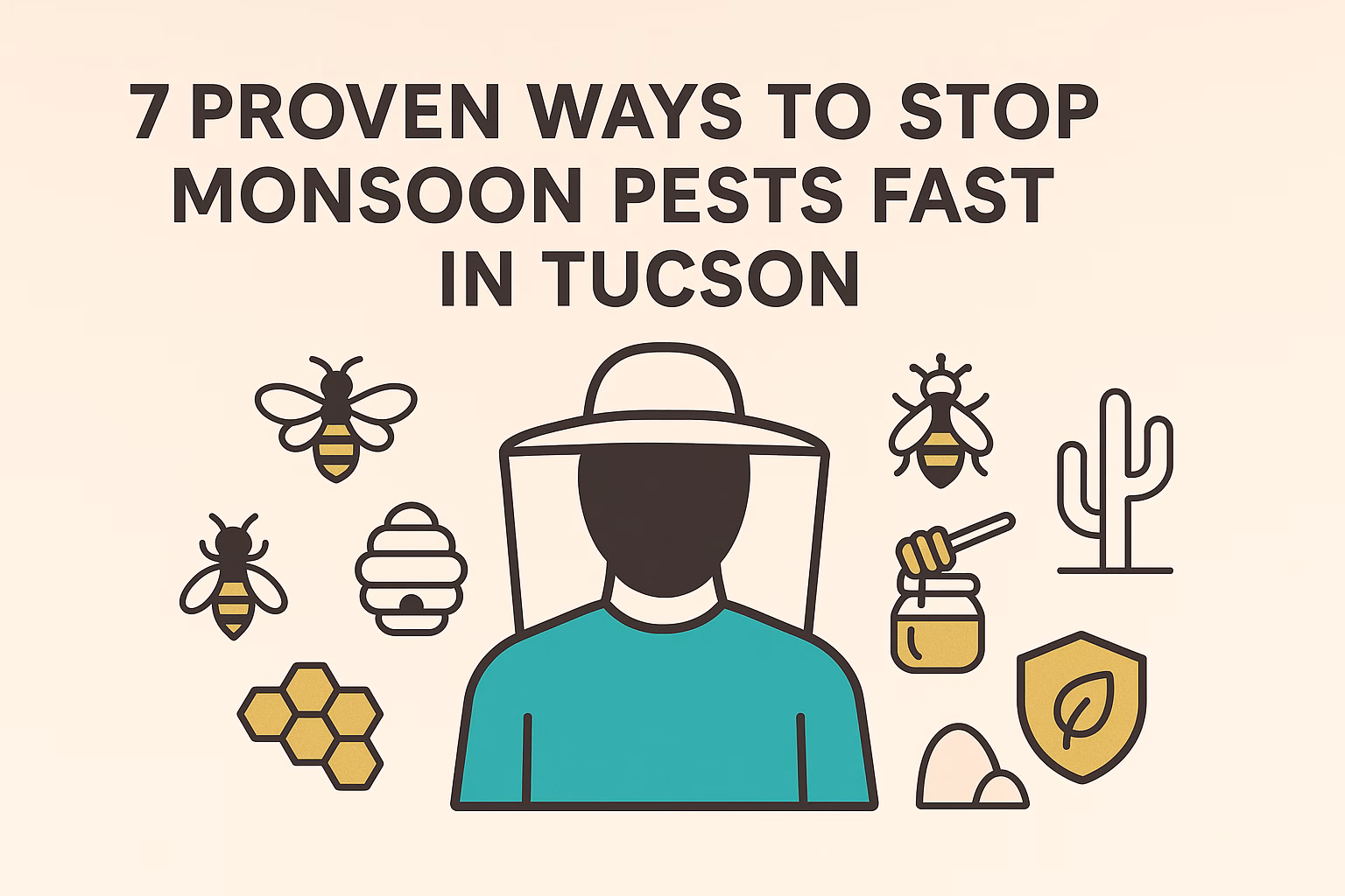 7 ways to stop monsoon pests fast in Tucson, illustrated with a person wearing protective gear surrounded by pest-related icons.