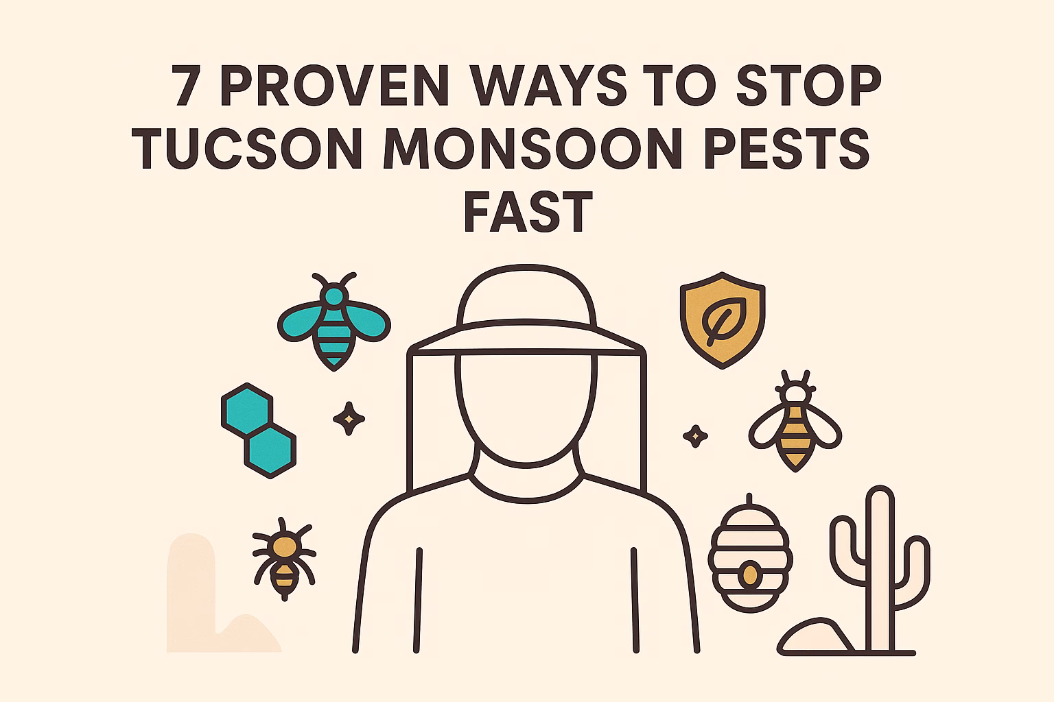 7 ways to eliminate Tucson monsoon pests illustrated with icons of a person, bees, and cacti on a light background.