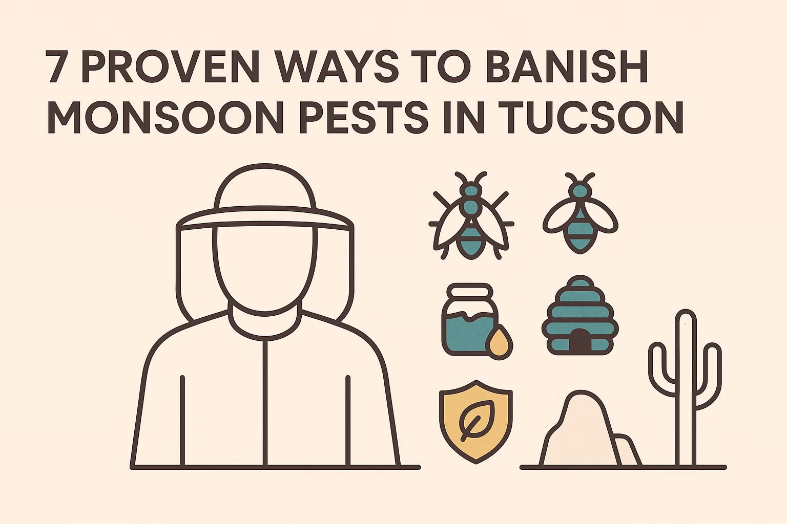 7 proven tips to eliminate monsoon pests in Tucson, featuring icons of insects, honey, and a desert landscape.