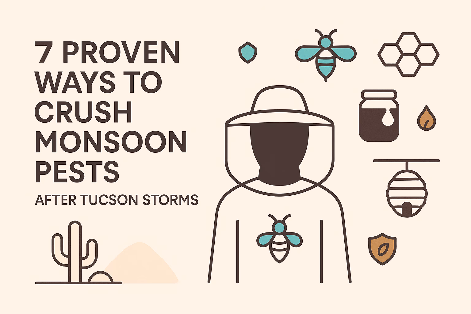 7 proven ways to crush monsoon pests feature a bee illustration and a figure in protective gear with various icons.