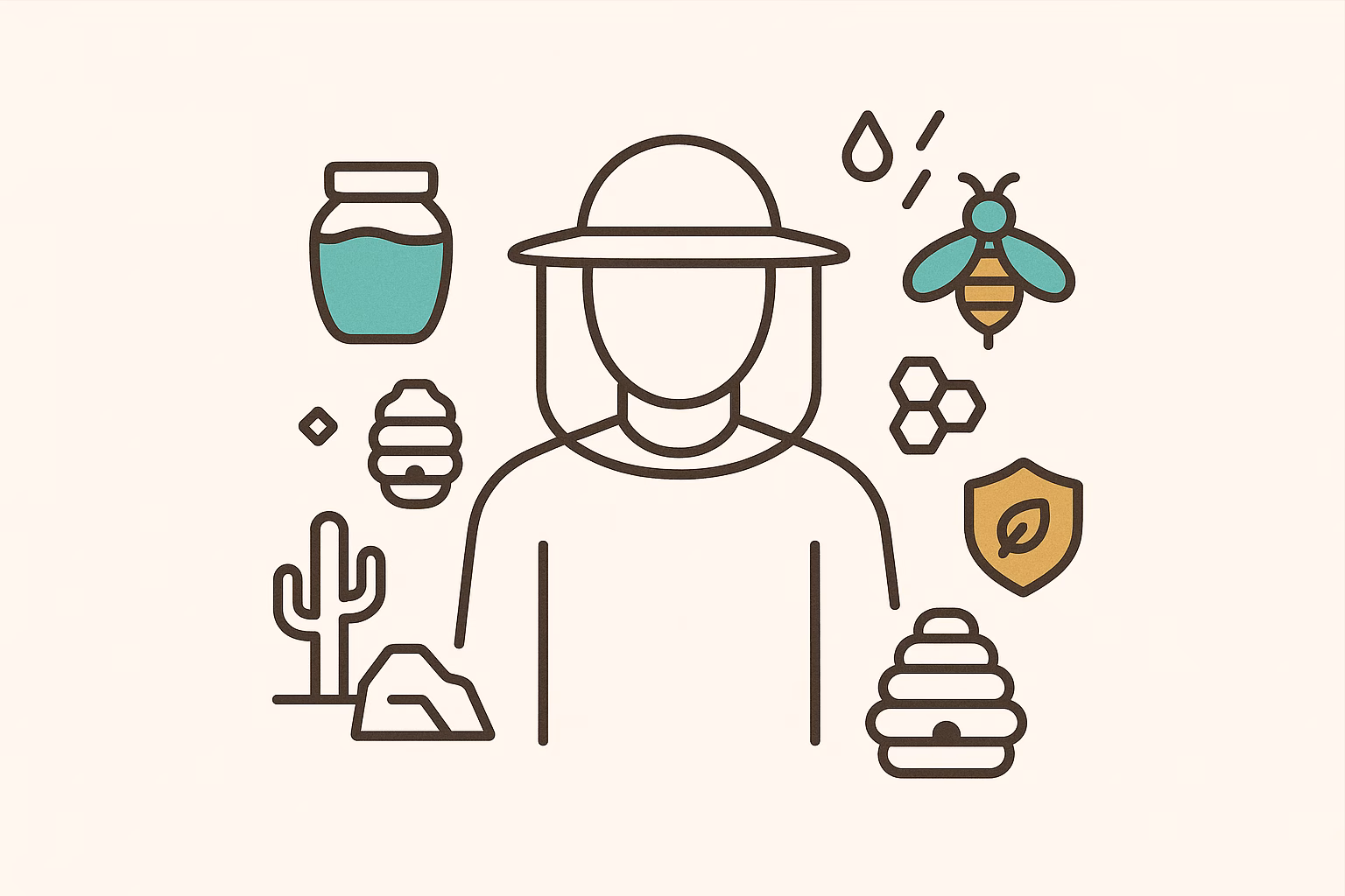 Illustration of a person, surrounded by motifs of beekeeping, water, and cacti, relating to monsoon pests.