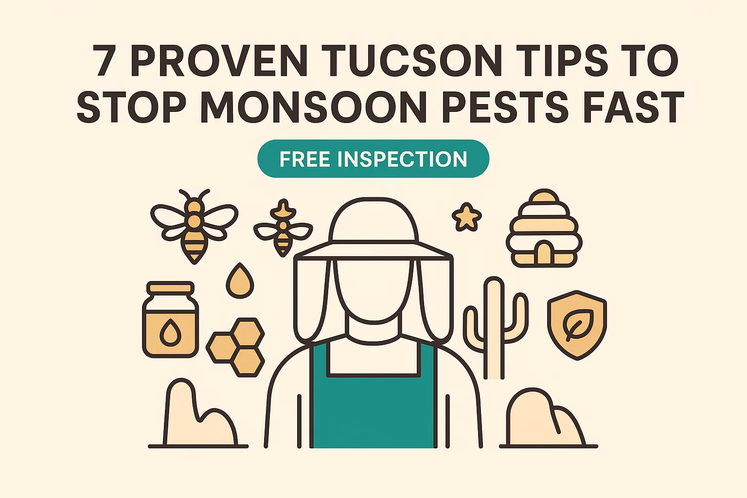 7 tips graphic for stopping monsoon pests, featuring bees, a beekeeper, honey jar, cactus, and a shield. Free inspection offer.