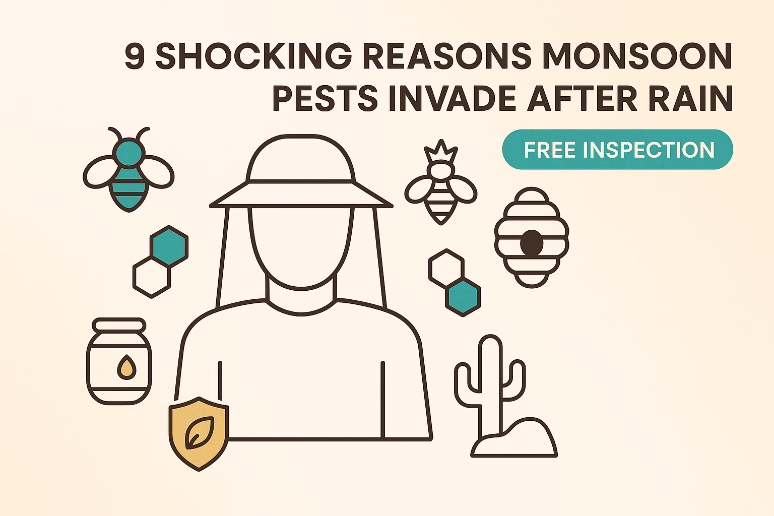 9 reasons monsoon pests invade after rain surround a figure with bees, honey, and a cactus, promoting free inspections.